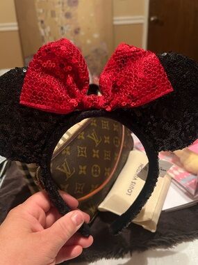 Sequin Minnie Mouse Ear Headband with Red Bow